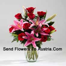 Lilies And Rose In A Vase Including Seasonal Fillers Delivered in Austria