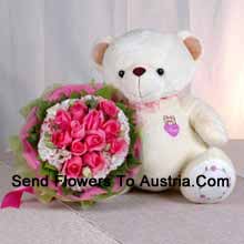 Bunch Of 11 Pink Roses And A Medium Sized Cute Teddy Bear Delivered in Austria