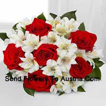 Bunch Of 7 Red Roses And Seasonal White Flowers Delivered in Austria