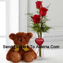 Three Red Roses In A Red Test Tube Vase And A Cute Brown 10 Inches Teddy Bear Delivered in Austria