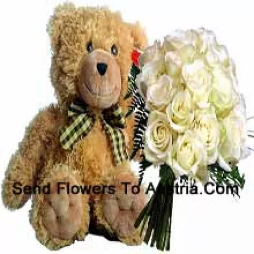 Bunch Of 19 White Roses With Seasonal Fillers Along With A Cute 14 Inches Tall Brown Teddy Bear