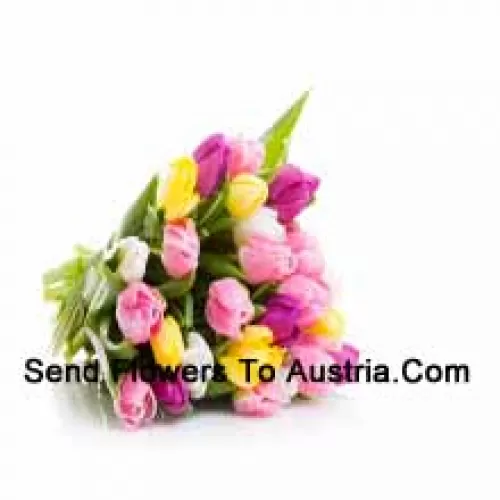 Un magnifique bouquet de tulipes de différentes couleurs avec des remplissages saisonniers - Veuillez noter que en cas de non disponibilité de certaines fleurs saisonnières, celles-ci seront remplacées par d'autres fleurs de même valeur