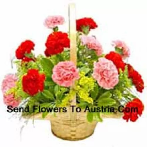 Basket Of 6 Pink And 7 Red Carnations