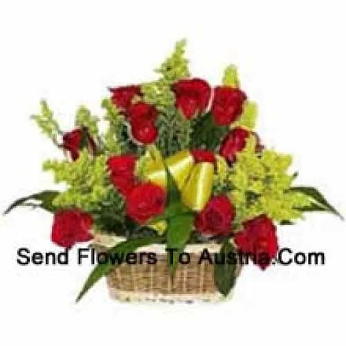 Basket Of 19 Red Roses With Seasonal Fillers