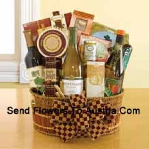 This Gift Basket contains three distinctive bottles of wine (Chardonnay, Sauvignon Blanc, and Cabernet). It also includes English tea cookies, cheese, Dolcetto wafer cookies, California smoked almonds, focaccia crisps, salami, Napa Valley mustard, biscotti and Ghirardelli chocolate squares. (Contents of basket including wine may vary by season and delivery location. In case of unavailability of a certain product we will substitute the same with a product of equal or higher value)