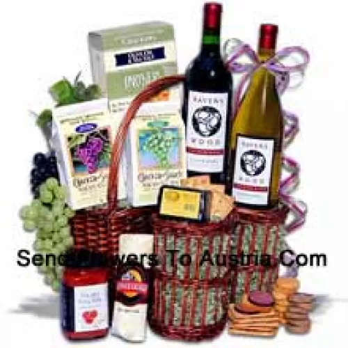 This Gift Basket Includes Chardonnay Vinters Blend by Ravenswood?- 750 ml, Zinfandel Vinters Blend by Ravenswood?- 750 ml, Partners Hors Doeuvre Deli Style Crackers, White Wine Biscuits by American Vintage, Red Wine Biscuits by American Vintage, Tomato Bruschetta by Elki, Butcher Wrapped Summer Sausage by Sparrer Sausage Company, Hickory and Maple Smoked Cheese by Sugarbush Farm. (Contents of basket including wine may vary by season and delivery location. In case of unavailability of a certain product we will substitute the same with a product of equal or higher value)