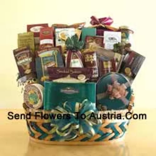 This enormous gift basket is an over-the-top holiday gift that is sure to leave a grand impression! When you need to send something that is truly memorable and is large enough to be enjoyed by a crowd, this gift basket is perfect. Make a big impression with clients, employees, or the big boss by sending this sweet and savory selection that features smoked salmon, crackers, cheese, assorted nuts, biscotti, Bavarian-style pretzels, cheese sticks, tortilla chips, salsa, cheese swirls, snack mix, a collection of cookies, caramel popcorn, Ghirardelli chocolate squares, a box of assorted Ghirardelli chocolates, a tin of chocolate-covered sandwich cookies, chocolate-dipped pretzels, chocolate nuggets, and hot cocoa mix. They won't know what to eat first! (Please Note That We Reserve The Right To Substitute Any Product With A Suitable Product Of Equal Value In Case Of Non-Availability Of A Certain Product)